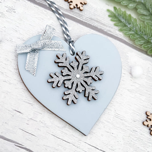 Blue Heart With Silver Snowflake Design Christmas Tree Decoration - Sweet Pea Wooden Creations