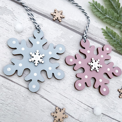 Rose Pink & Blue Snowflake Christmas Baubles - Sweet Pea Wooden Creations