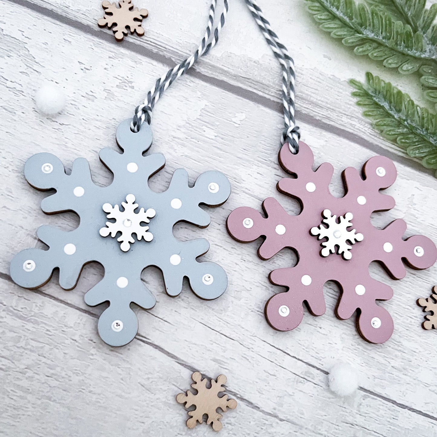 Rose Pink & Blue Snowflake Christmas Tree Baubles - Sweet Pea Wooden Creations