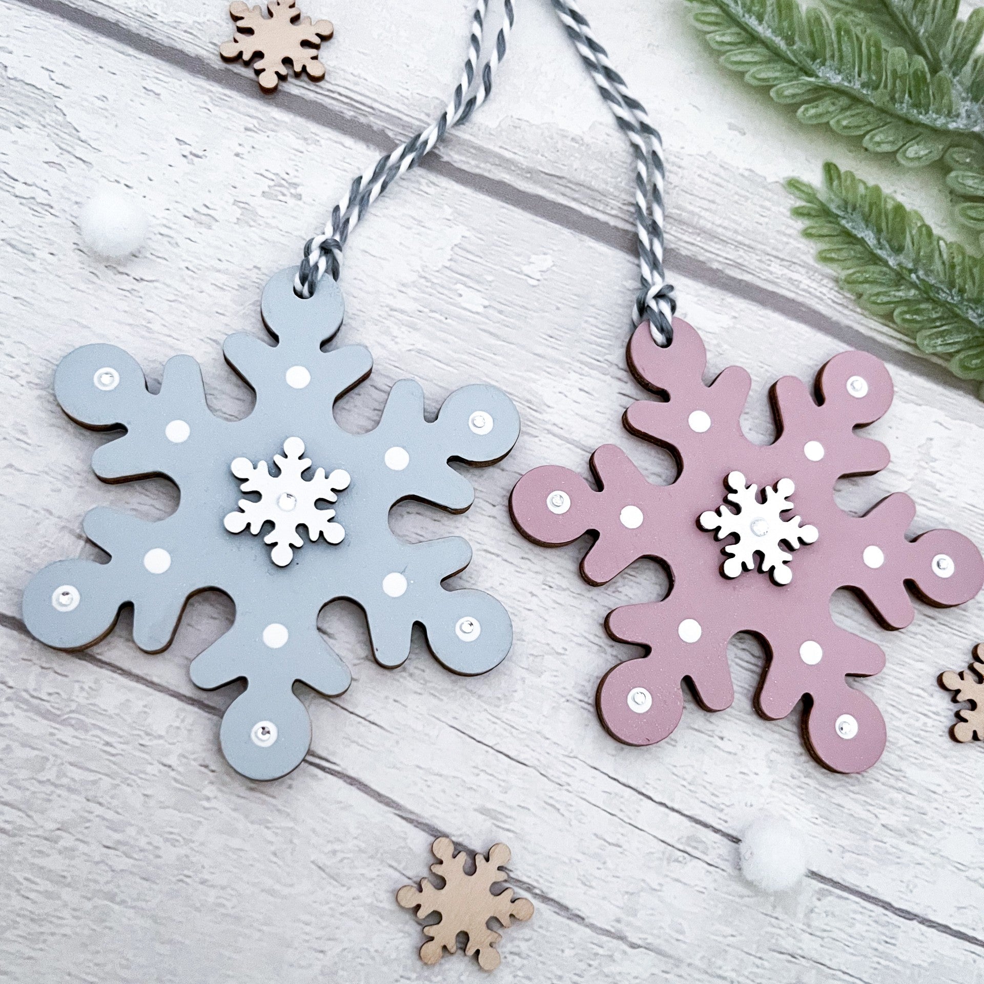 Rose Pink & Blue Snowflake Christmas Tree Baubles - Sweet Pea Wooden Creations