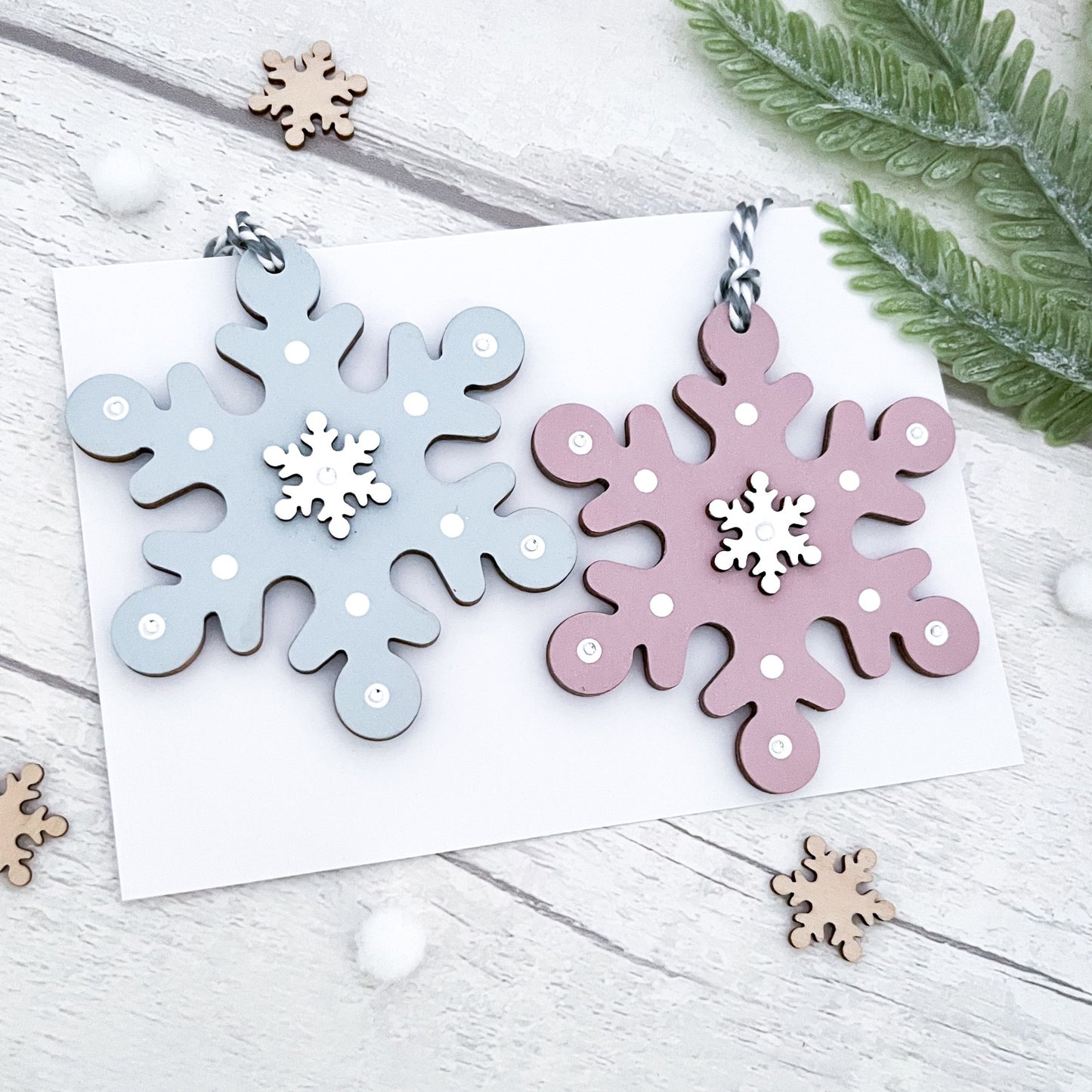 Rose Pink & Blue Snowflake Wooden Christmas Tree Decorations - Sweet Pea Wooden Creations