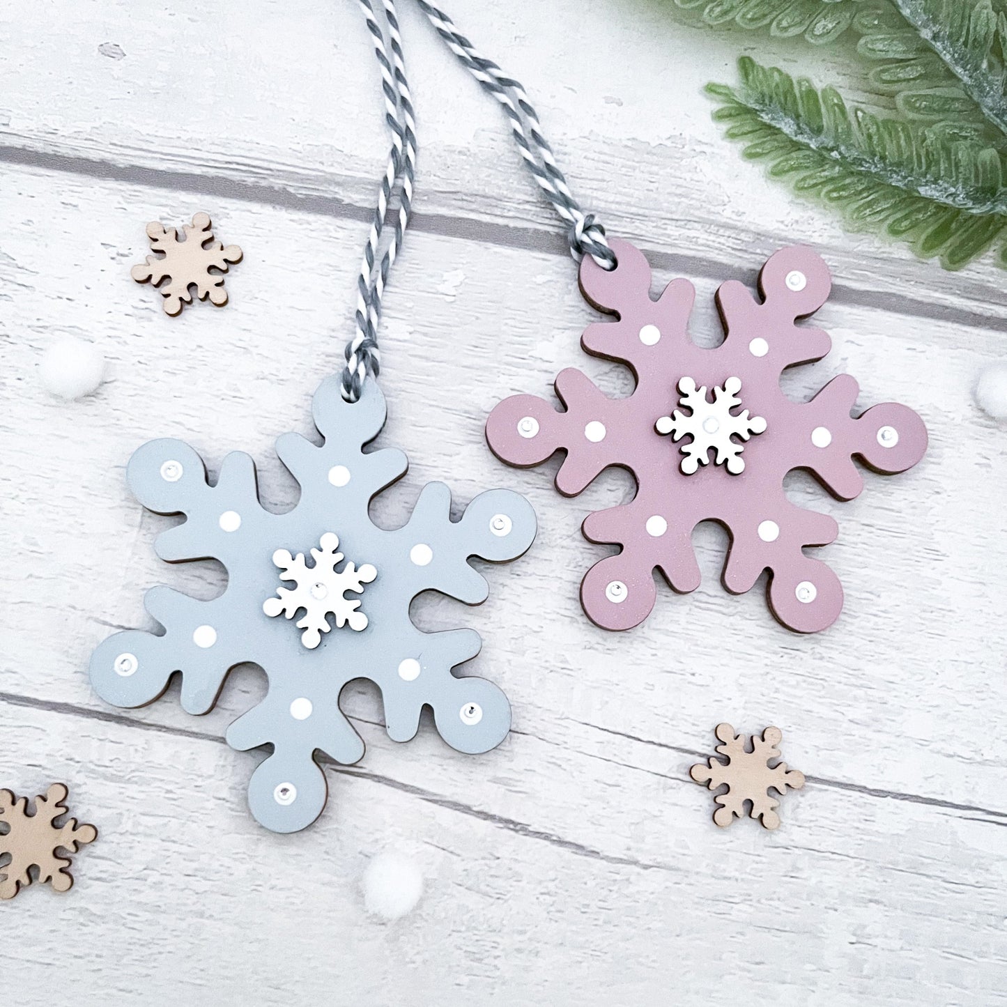 Rose Pink & Blue Snowflake Wooden Christmas Tree Decoration - Sweet Pea Wooden Creations