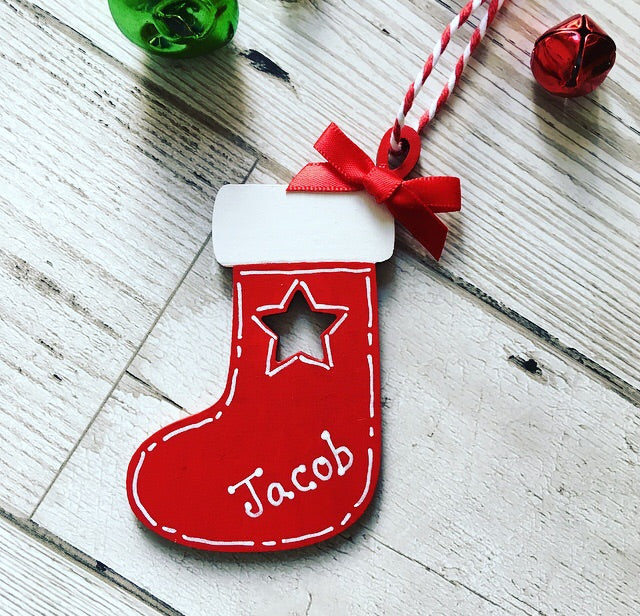 Personalised Wooden Stocking Christmas Tree Decoration Bauble