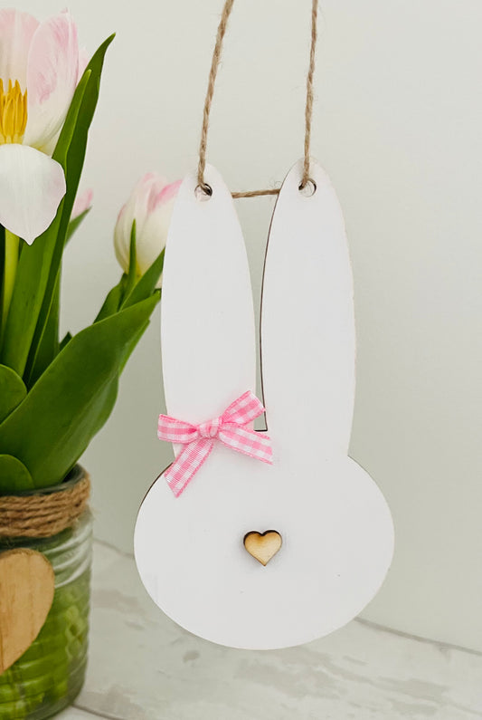 Rustic Farmhouse Easter Bunny Hanging Decoration - White / Pink - Sweet Pea Wooden Creations