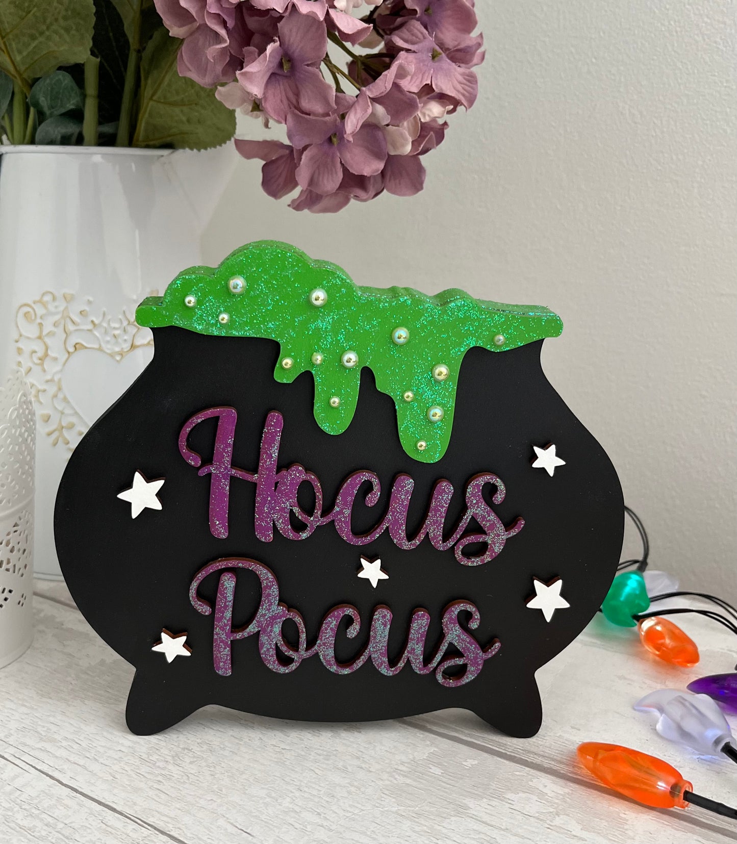 Witches cauldron with 'Hocus Pocus' text.  Handcrafted, unique Halloween decorations for your home and gifts - Sweet Pea Wooden Creations